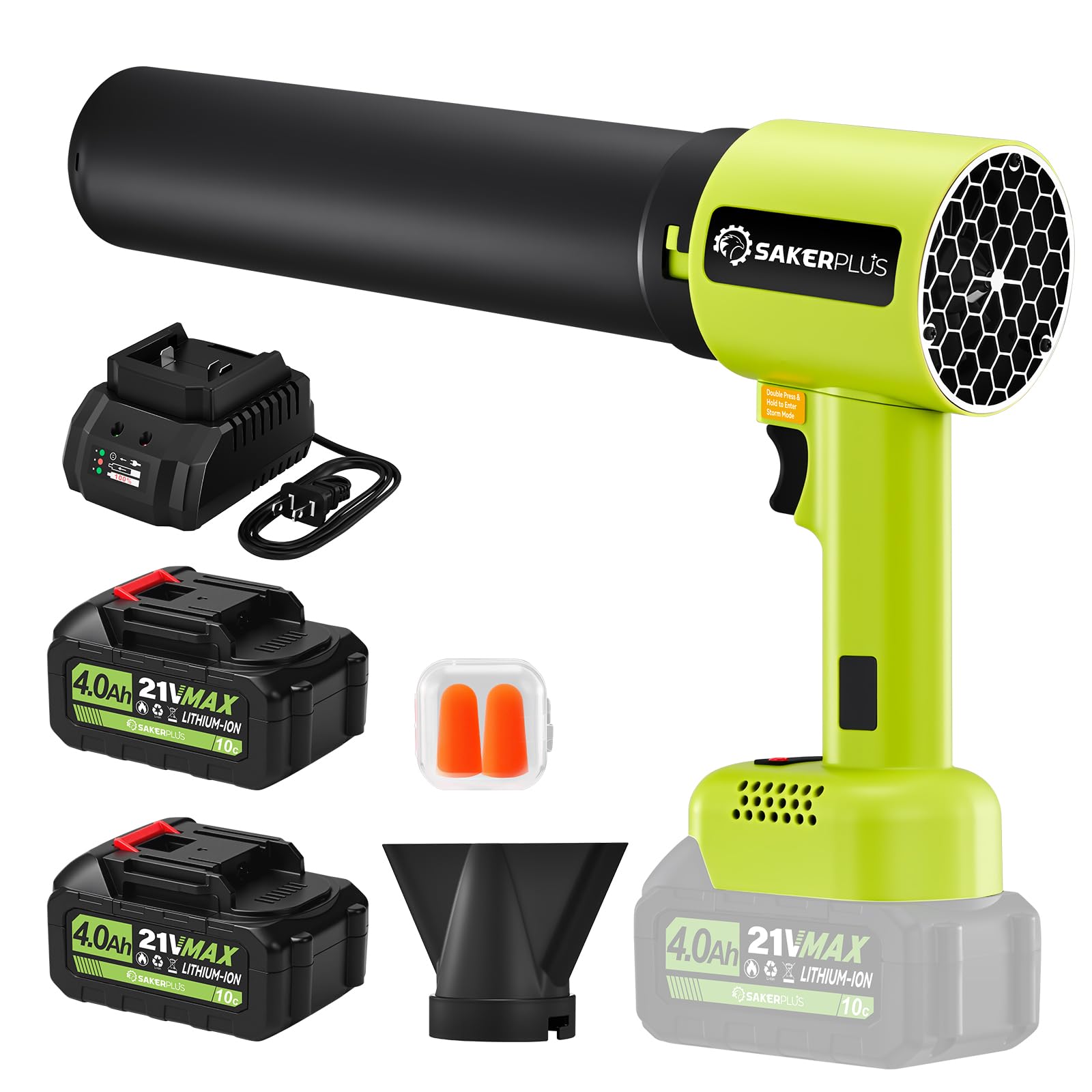 SakerPlus front view showing compact blower and included accessories, easy storage benefit