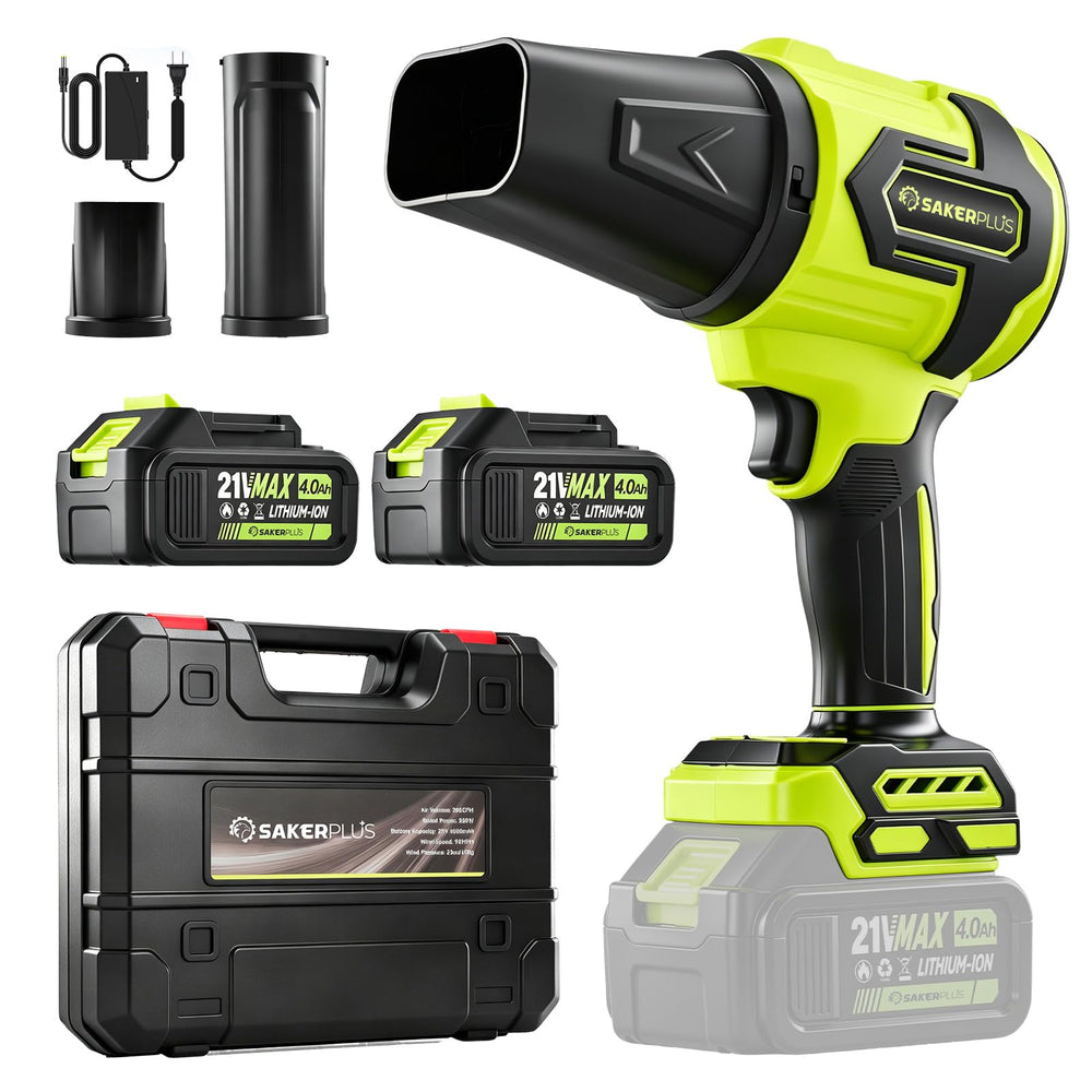 SakerPlus front view showing compact blower and nozzle, easy outdoor cleanup