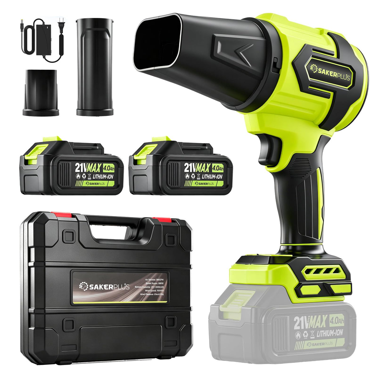 SakerPlus front view showing compact blower and nozzle, easy outdoor cleanup