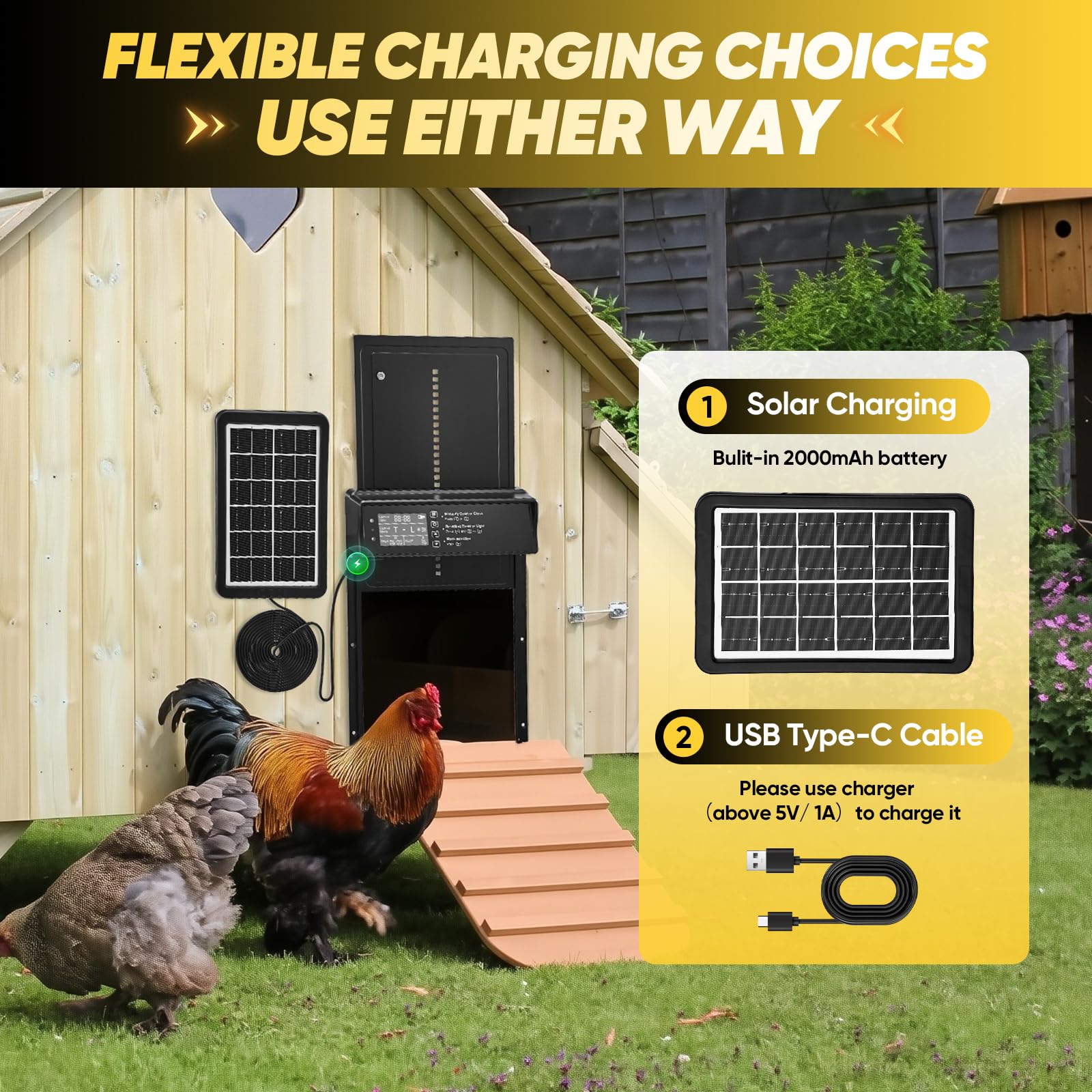SakerPlus in a backyard coop scene showing automated convenience and flock protection