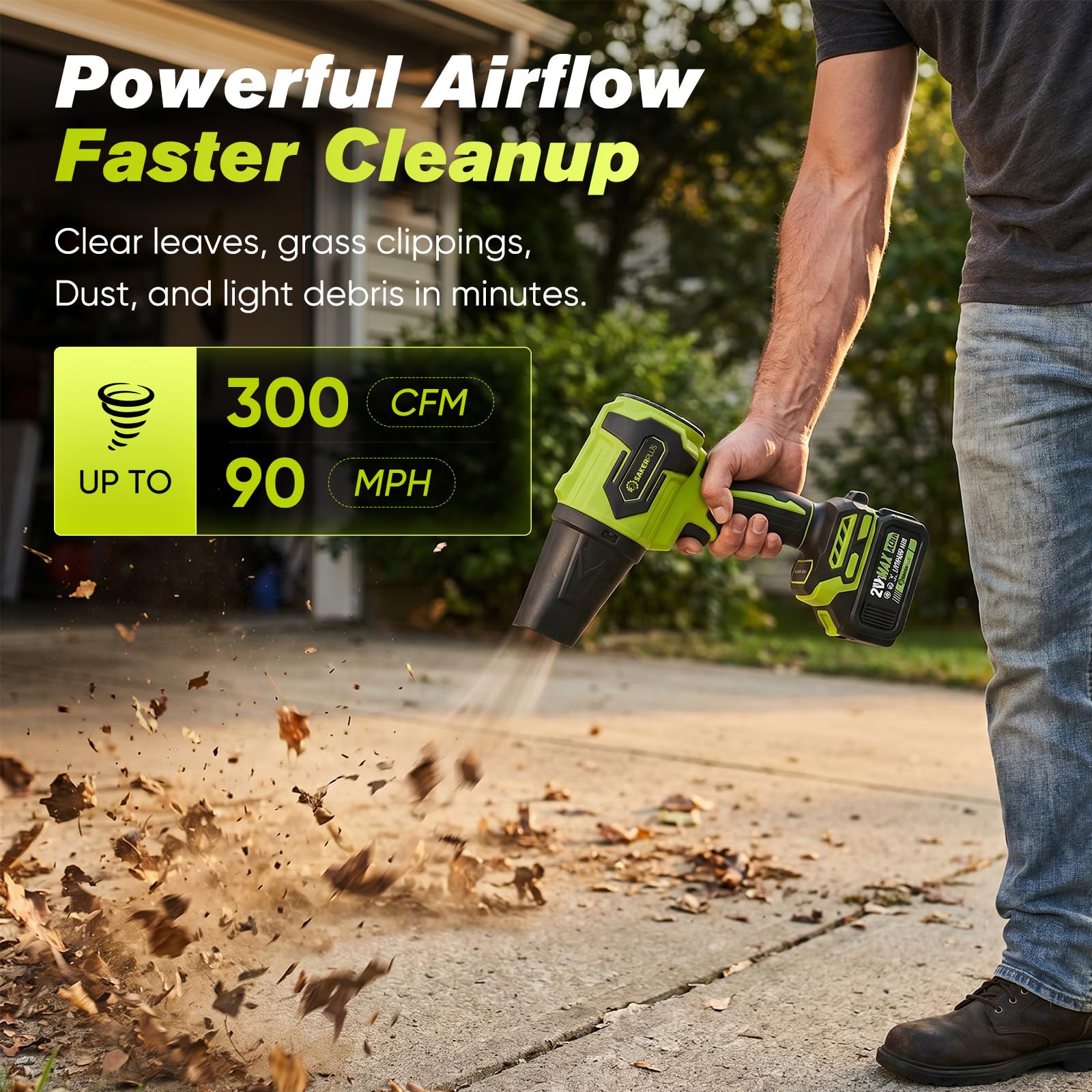 SakerPlus with long tube attached reaching across patio for fast clearing