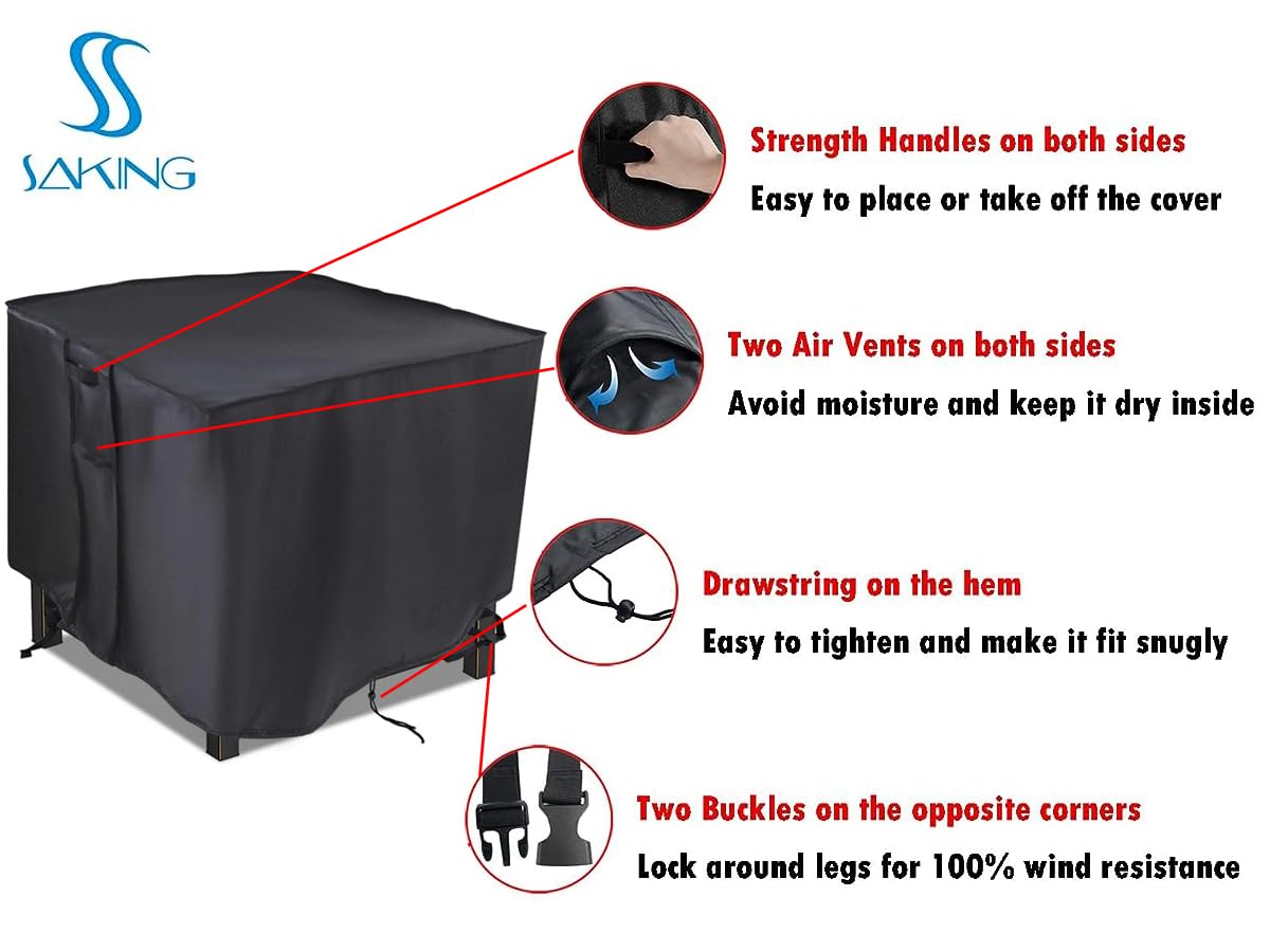 Saking buckle strap detail securing cover to fire pit legs to resist wind