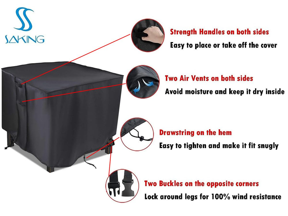 Saking buckle strap detail securing cover to fire pit legs to resist wind