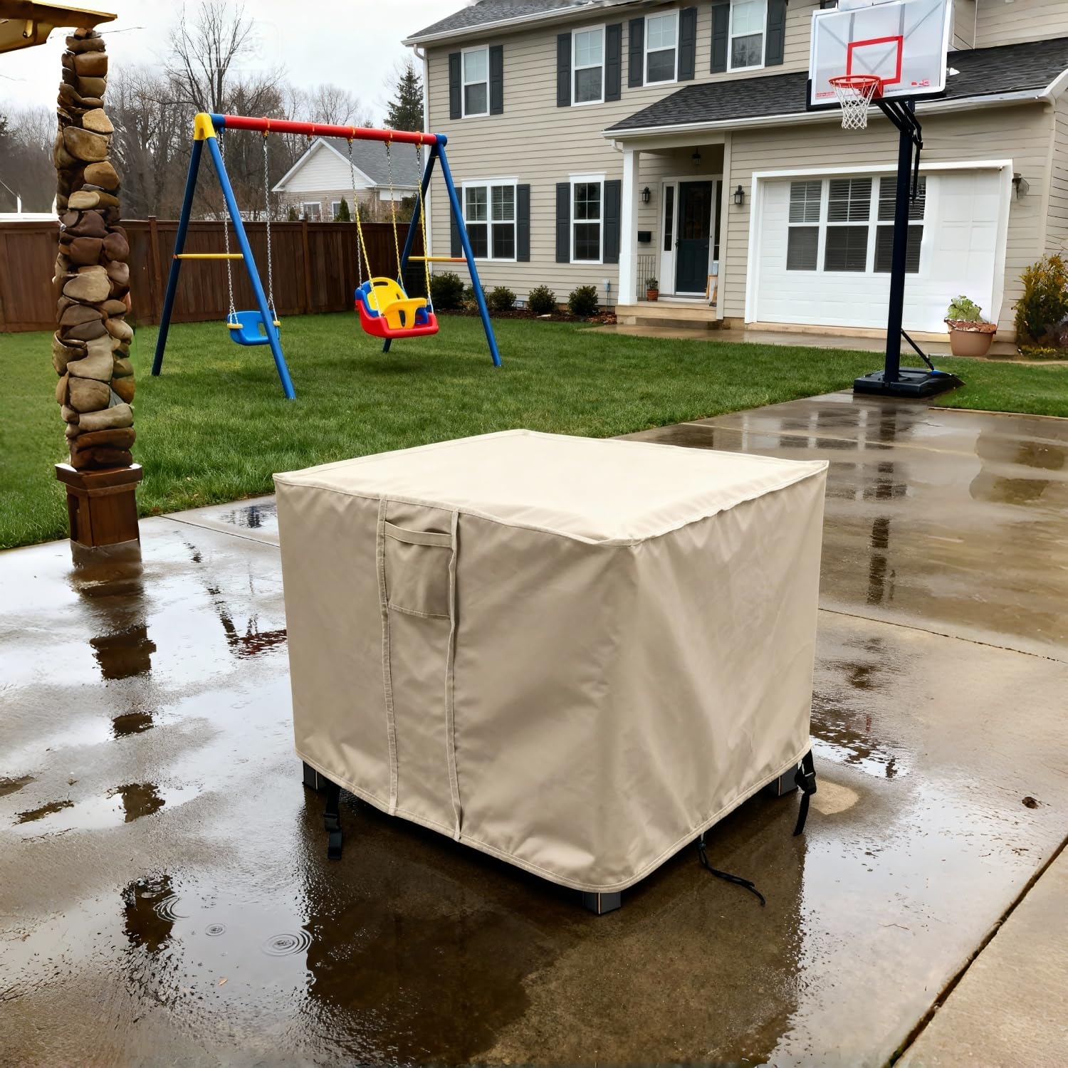 Saking-covered fire pit on patio evening scene protecting outdoor furniture