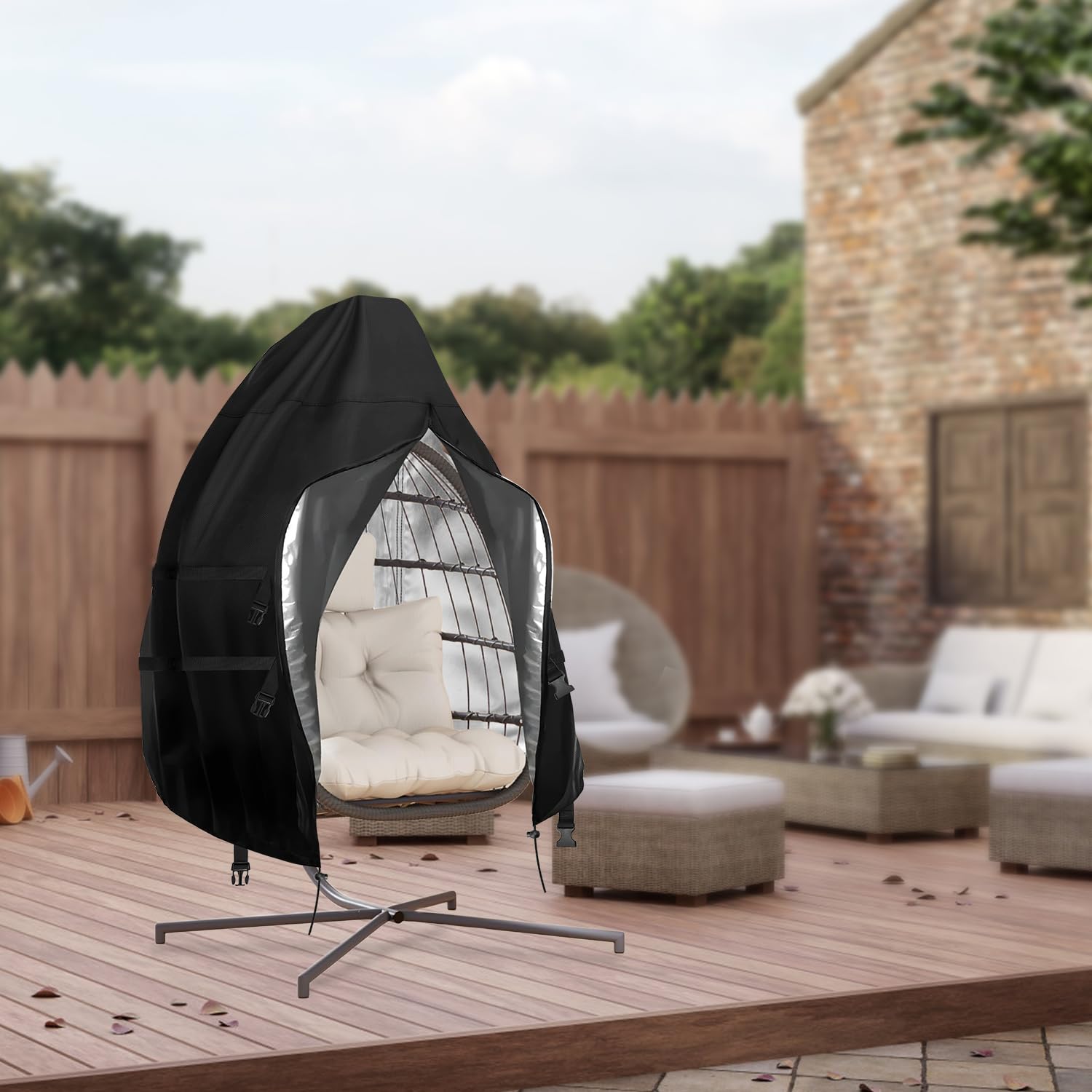 Saking lifestyle patio scene illustrating outdoor protection and neat look