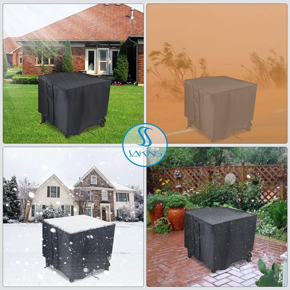 Saking cover beside measuring tape demonstrating 38x38x28 inch fit