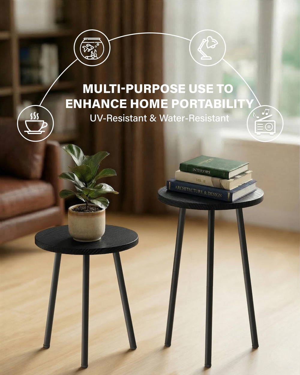 SAKSUN side profile of assembled stand highlighting slim silhouette and footprint savings