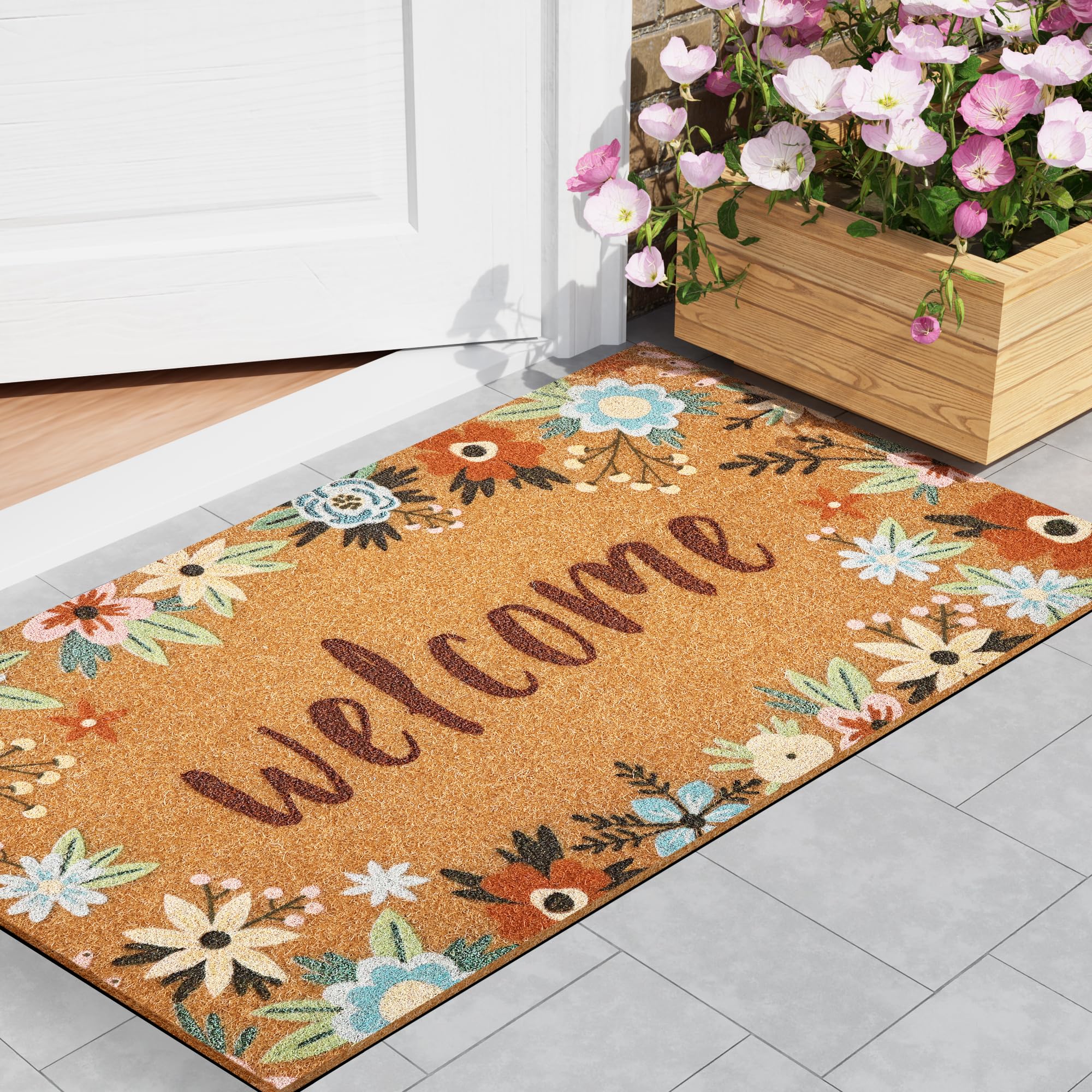 SAKSUN front view mat at doorway showing welcoming appearance and protection