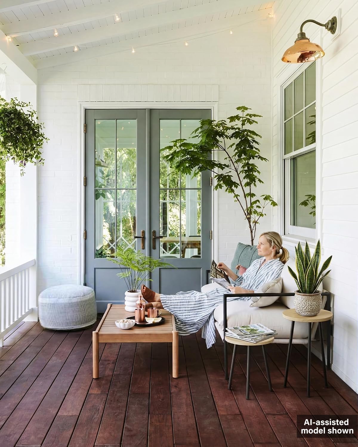 SAKSUN lifestyle scene with stands styled in living room adding mid-century charm benefit
