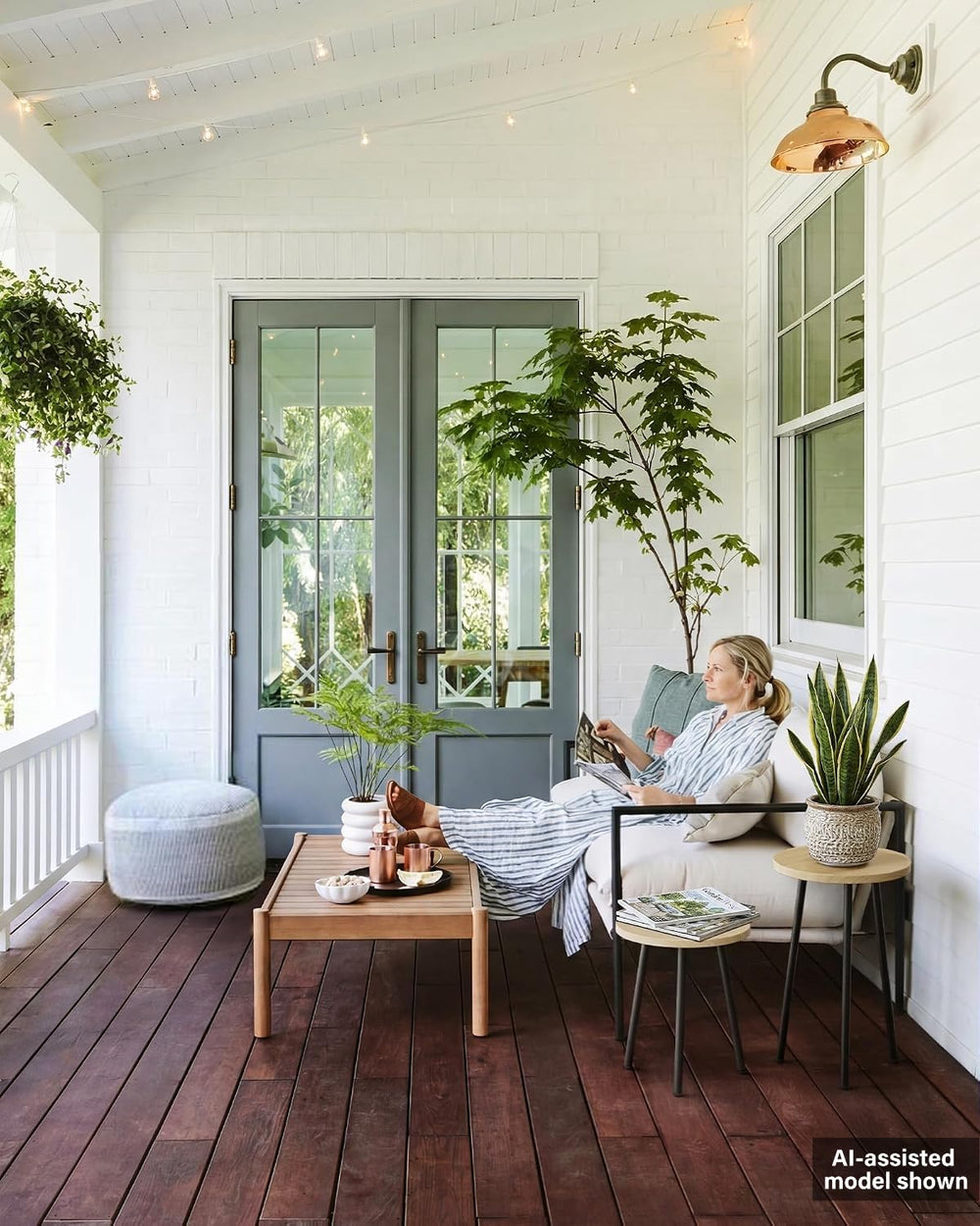 SAKSUN lifestyle scene with stands styled in living room adding mid-century charm benefit