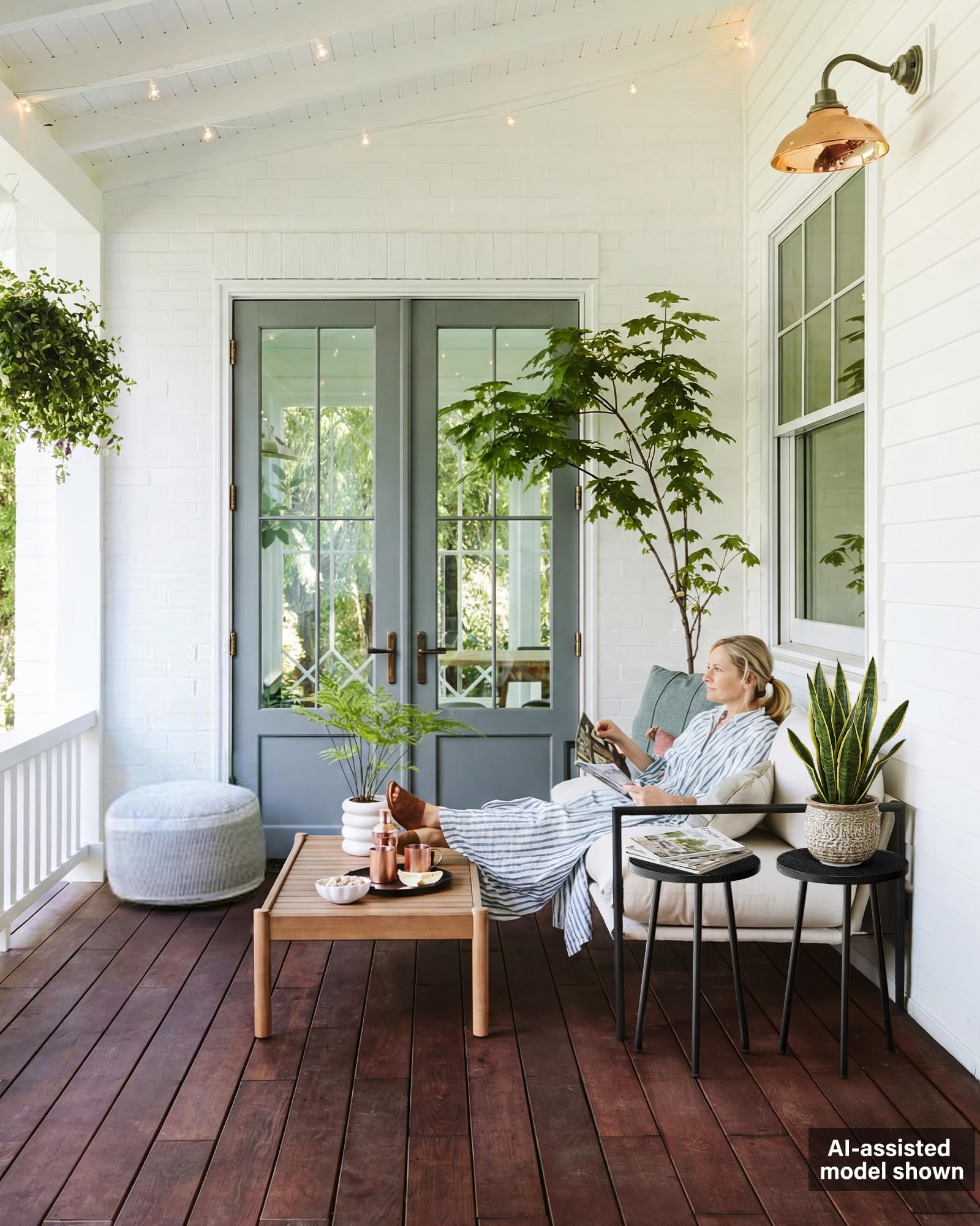 SAKSUN plant stand on covered patio demonstrating weather-resistant versatility