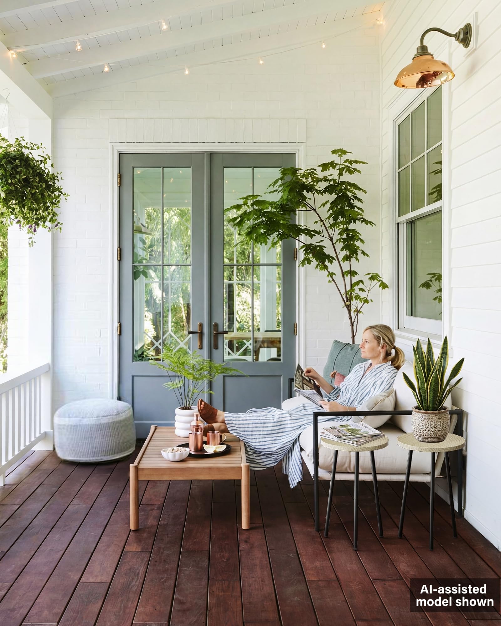 SAKSUN stand on covered patio showing weather-resistant finish benefit