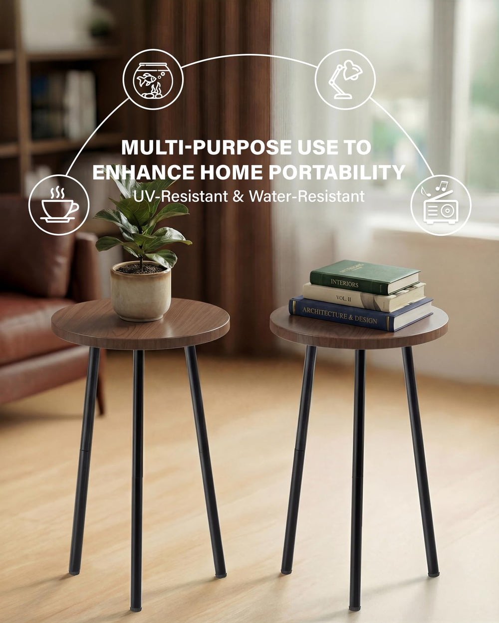 SAKSUN height comparison beside sofa showing scale and compact footprint benefit