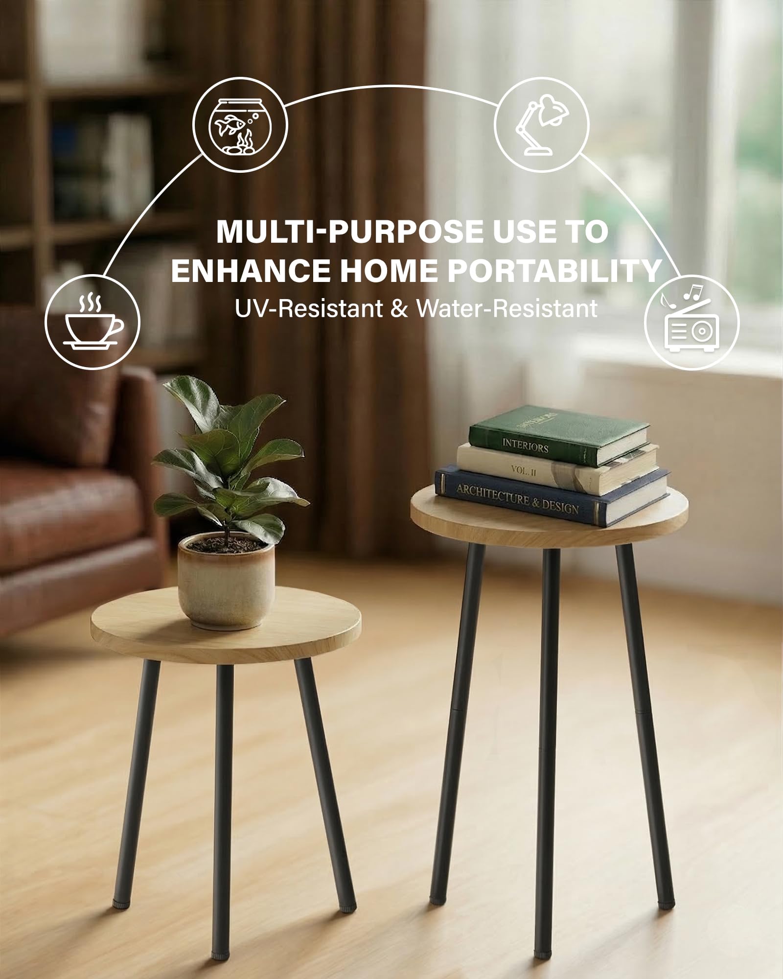 SAKSUN stand next to sofa showing scale and space-saving benefit