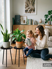 SAKSUN plant stand in window with snake plant improving sunlight access