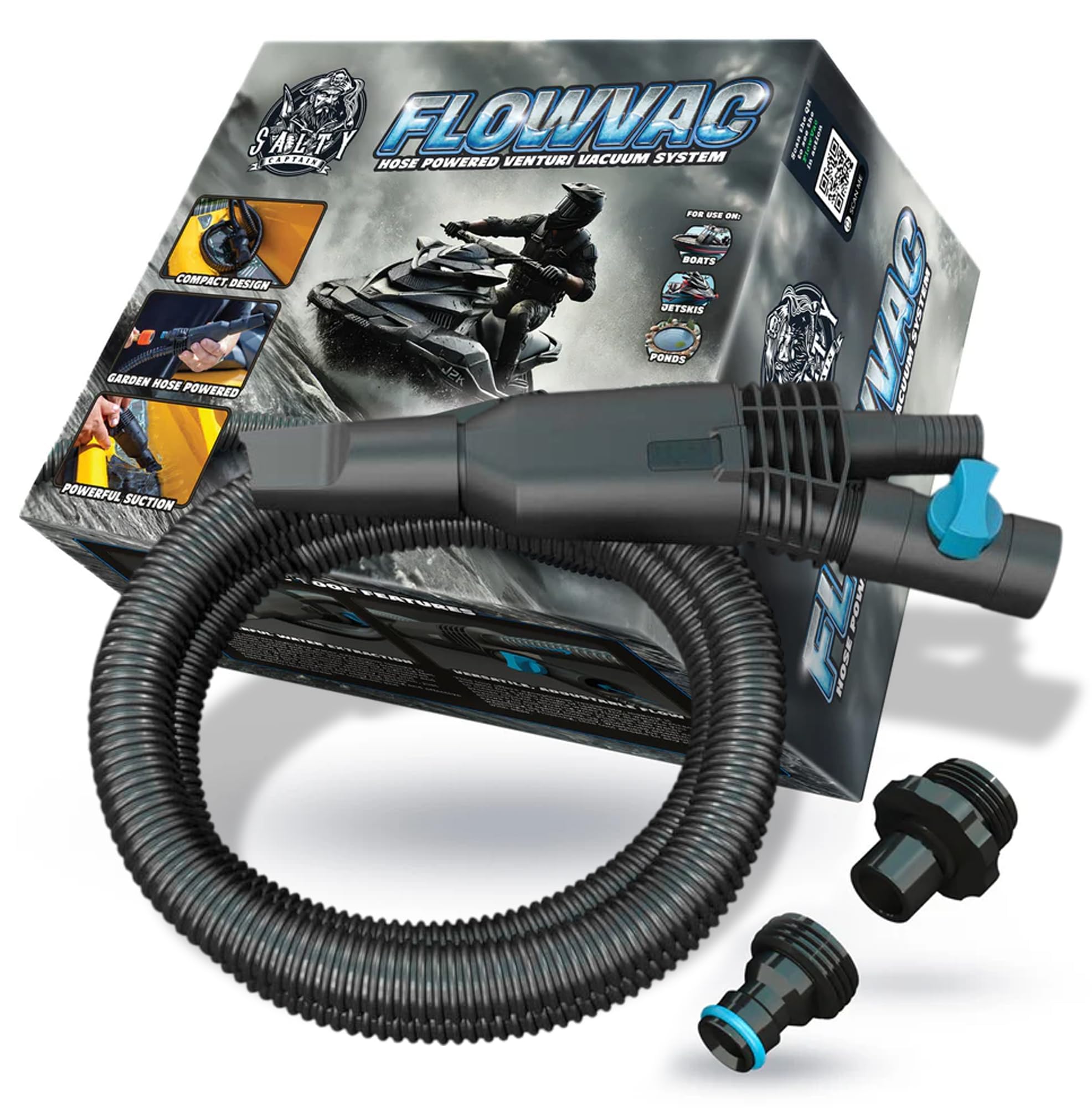 Salty Captain FlowVac front assembly showing compact, portable design benefit