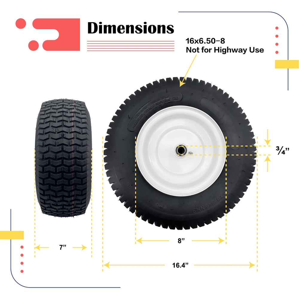 SALUTE UA side profile of 16x6.50-8 tire showing width and diameter for compatibility