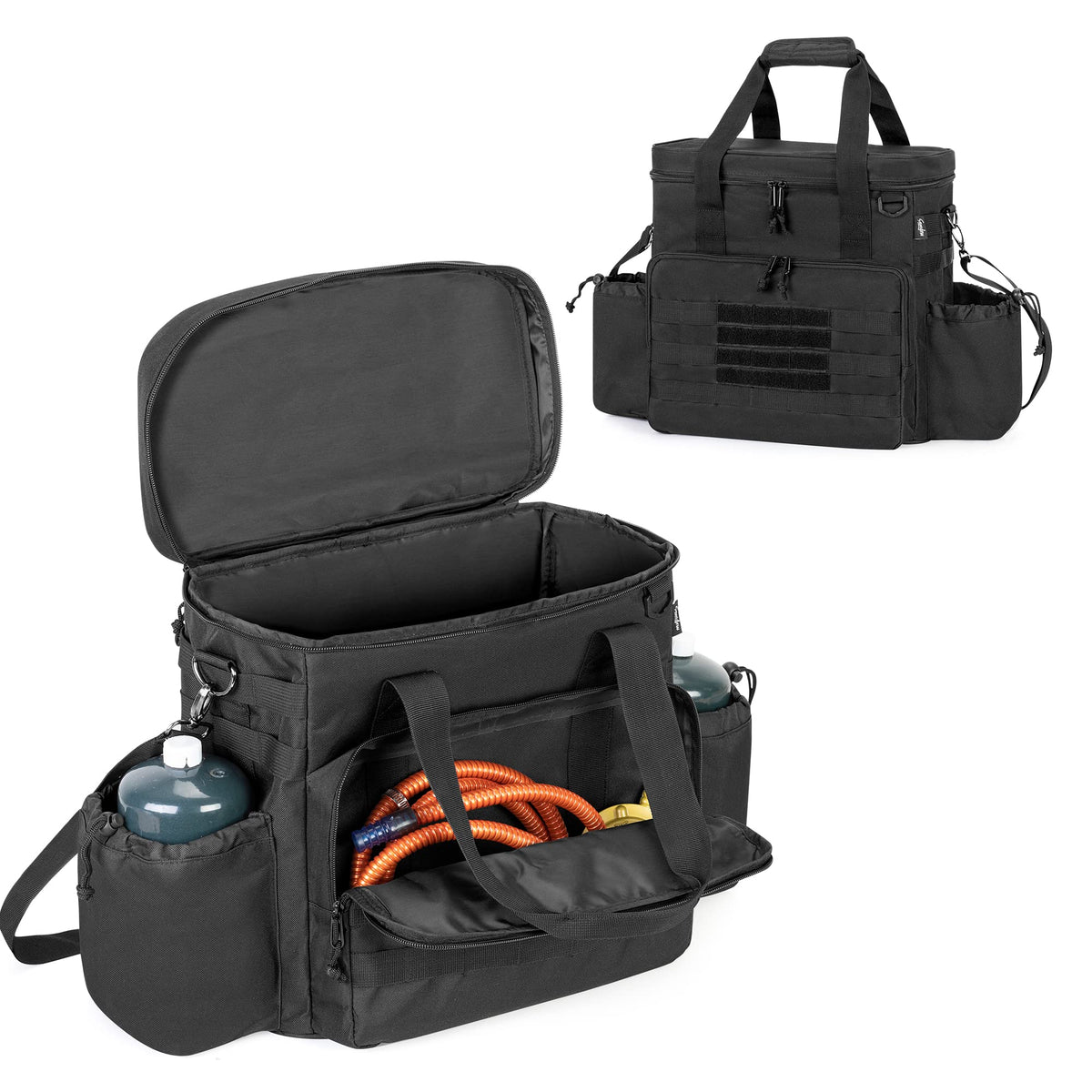 samdew bag front view showing main zippered compartment and quick access benefit