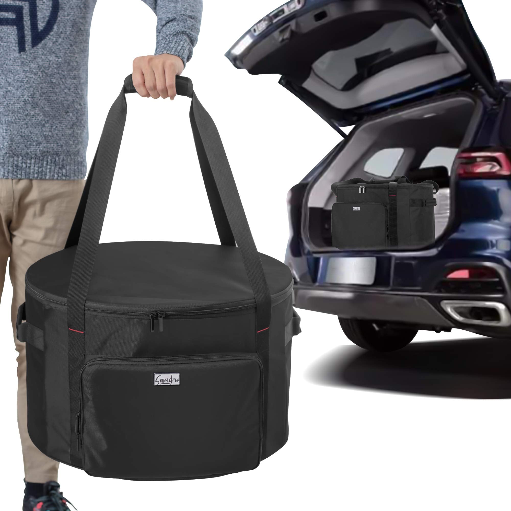 samdew bag in car trunk showing compact storage and transport