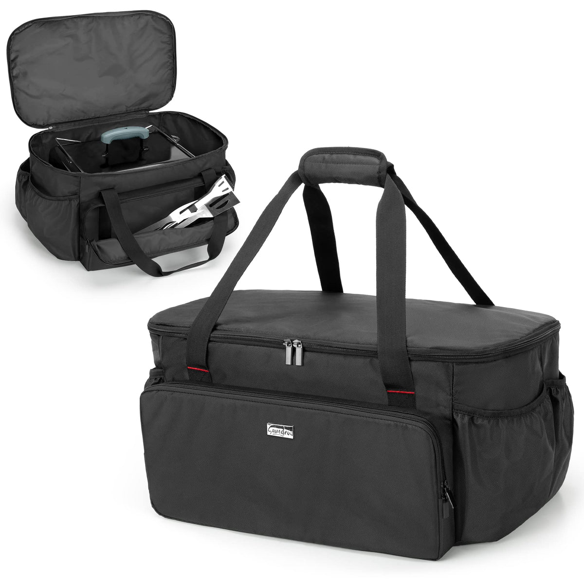 samdew front view showing bag and pocket layout for organized transport