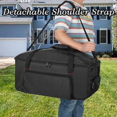 samdew front pocket packed with tongs and brush for quick setup