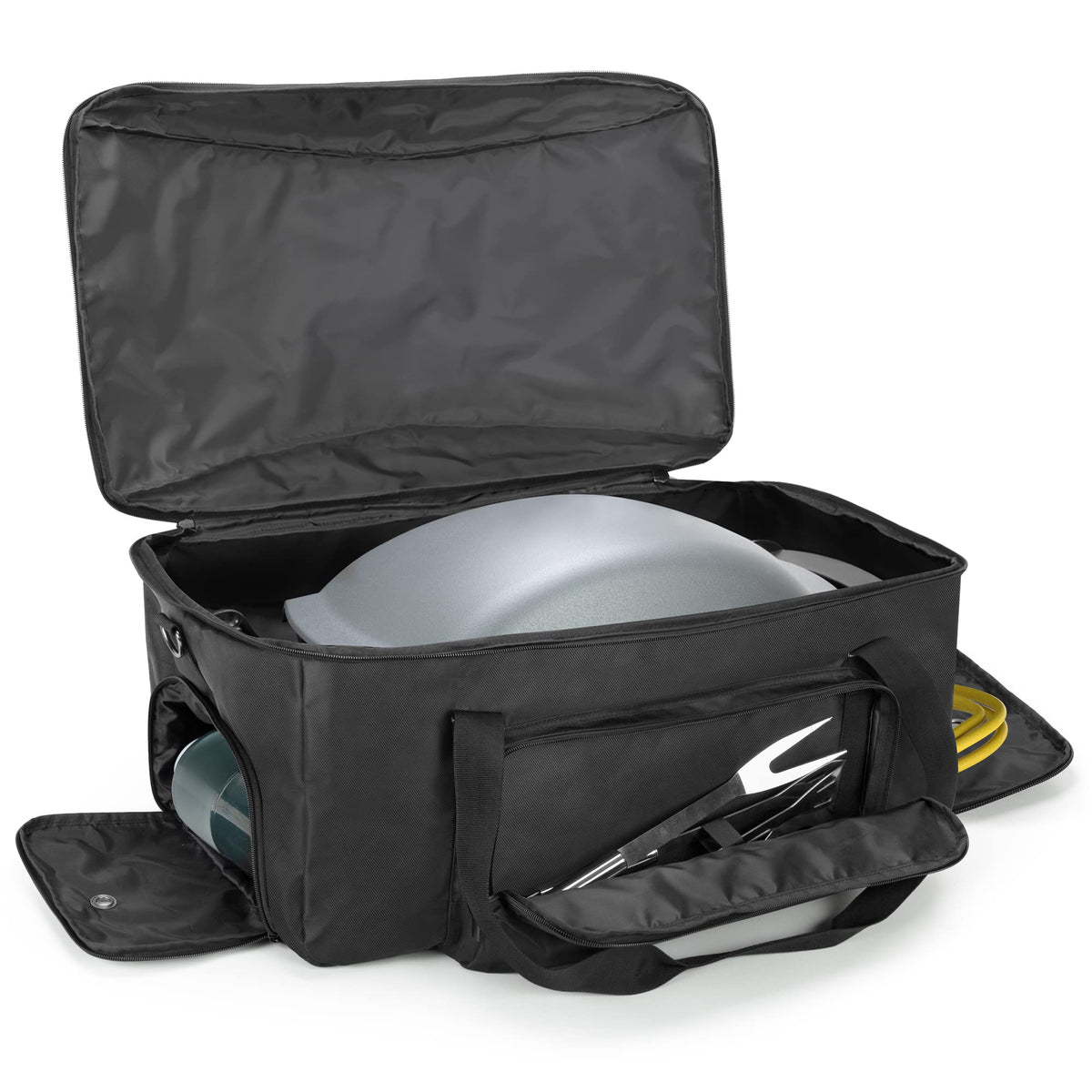 samdew front view closed bag protecting a compact grill for easy transport