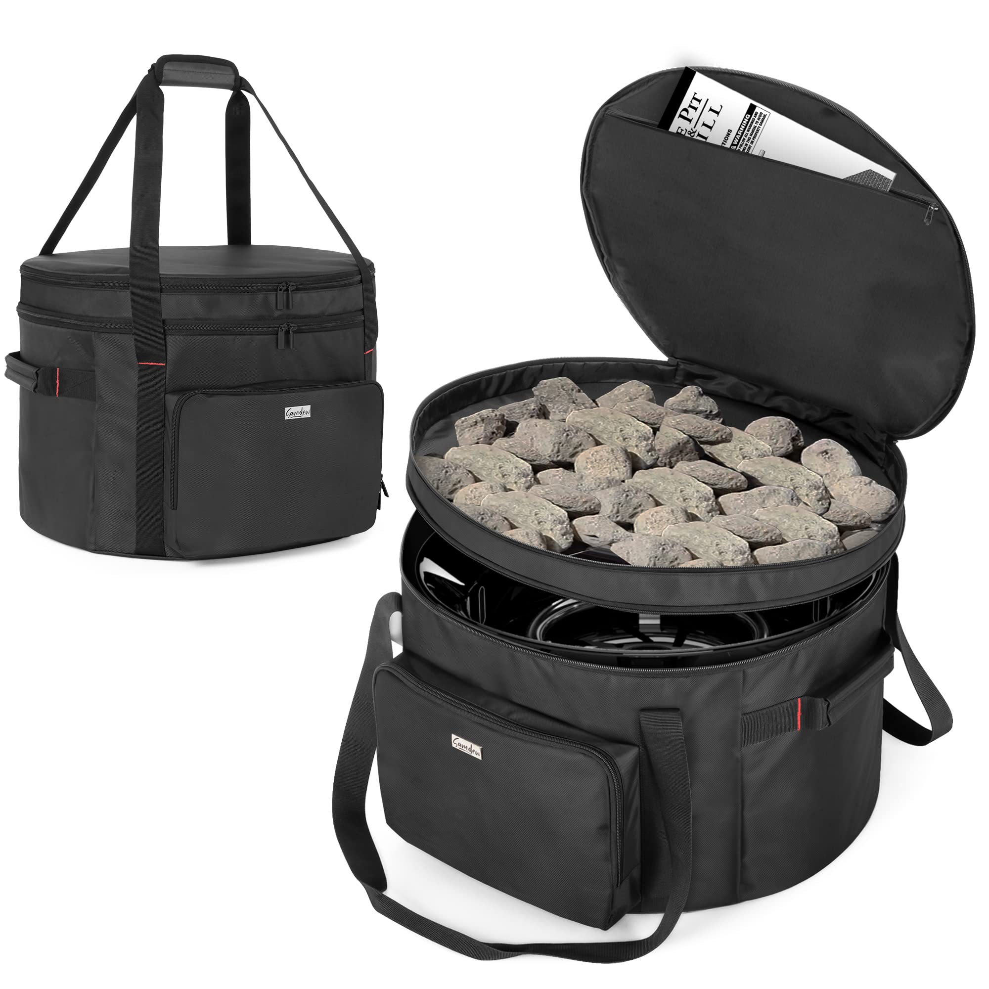 samdew front view packed fire pit bag showing neat storage and protection
