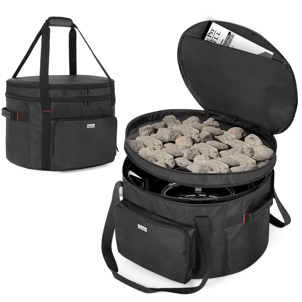 samdew front view packed fire pit bag showing neat storage and protection