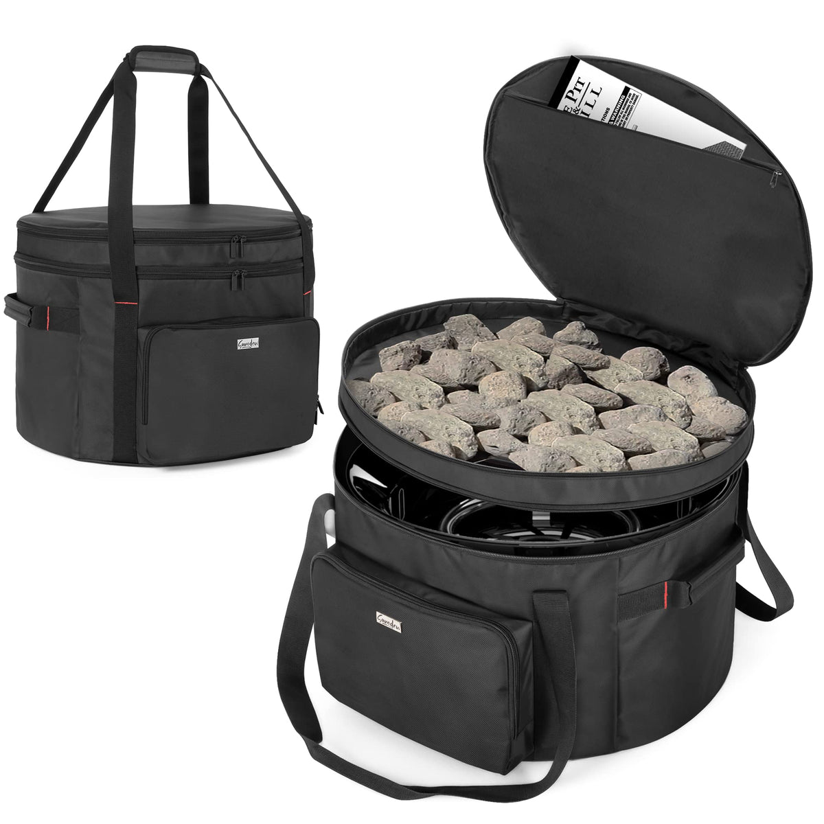 samdew front view packed fire pit bag showing neat storage and protection