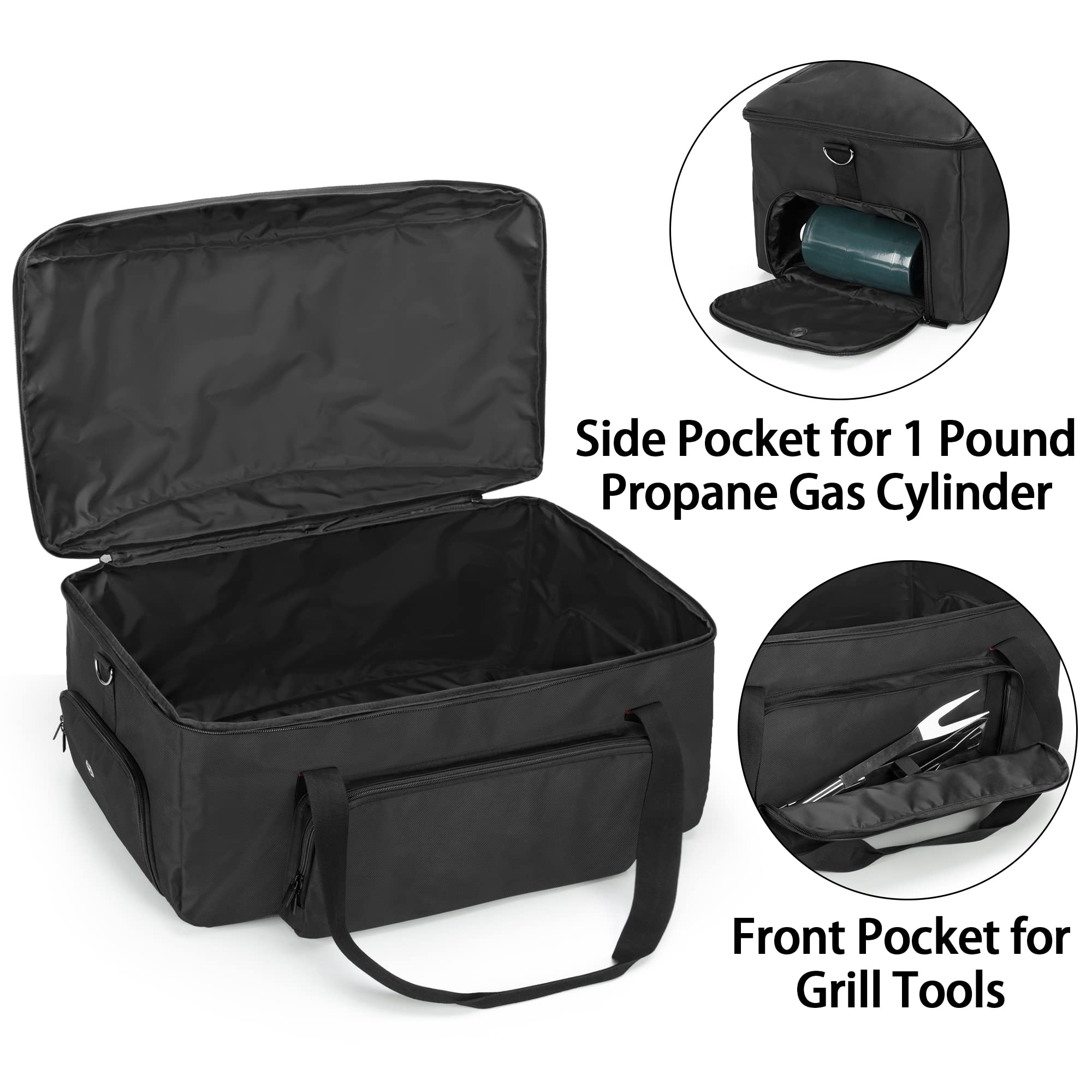 samdew side pocket holding a one-pound propane cylinder for organized travel