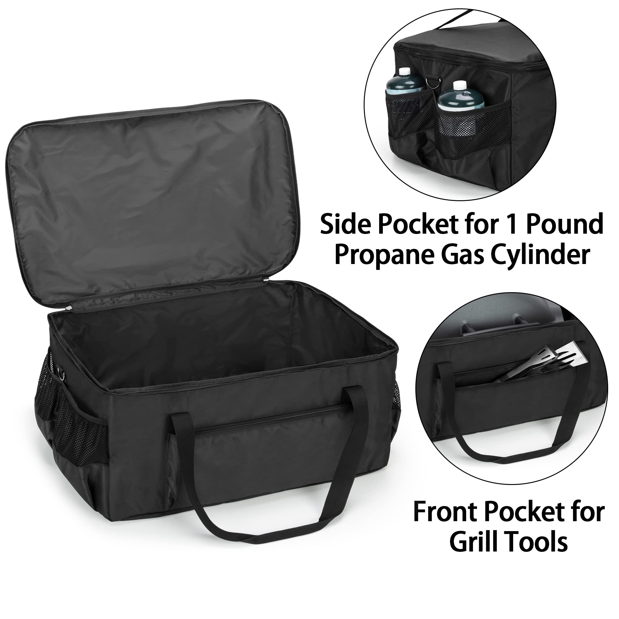 samdew side pocket holding 1 lb propane cylinder for safe organized fuel