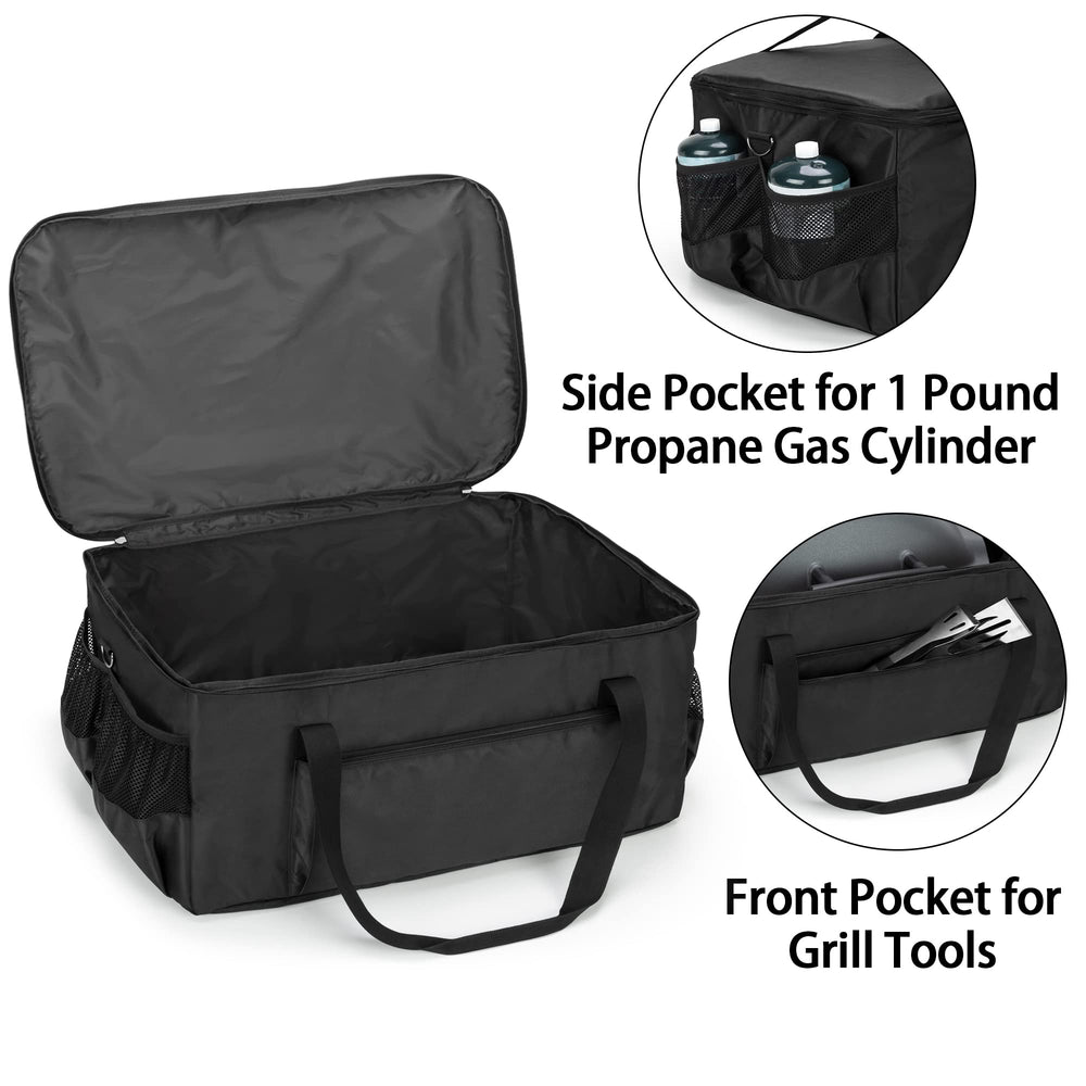 samdew side pocket holding 1 lb propane cylinder for safe organized fuel