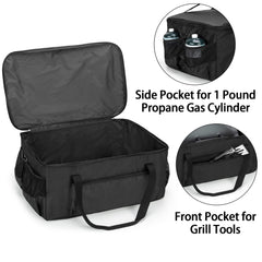 samdew side pocket holding 1 lb propane cylinder for safe organized fuel