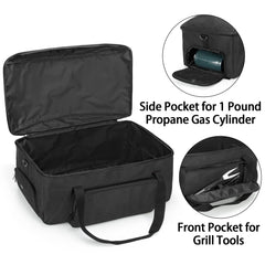 samdew side pocket holding a one-pound propane cylinder for organized travel