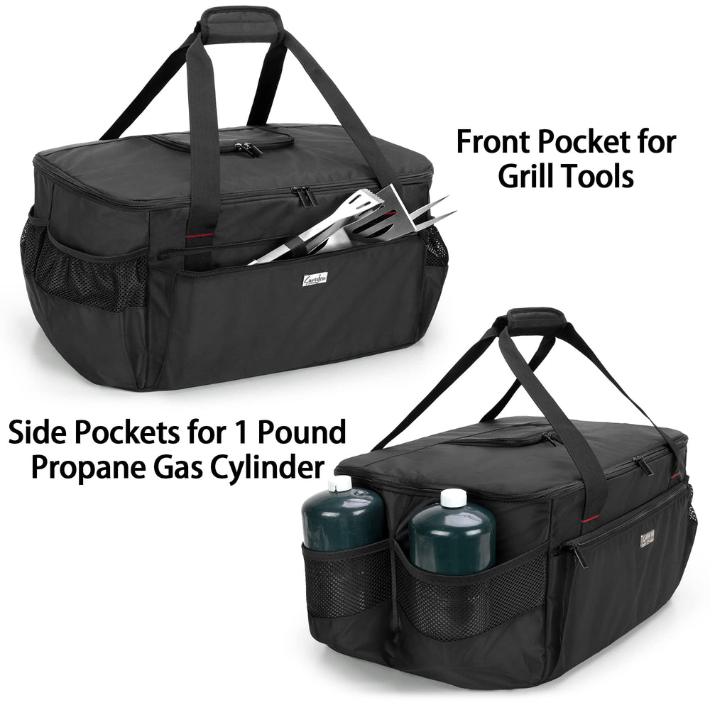samdew bag side pockets holding a 1-pound propane cylinder