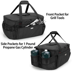 samdew bag side pockets holding a 1-pound propane cylinder