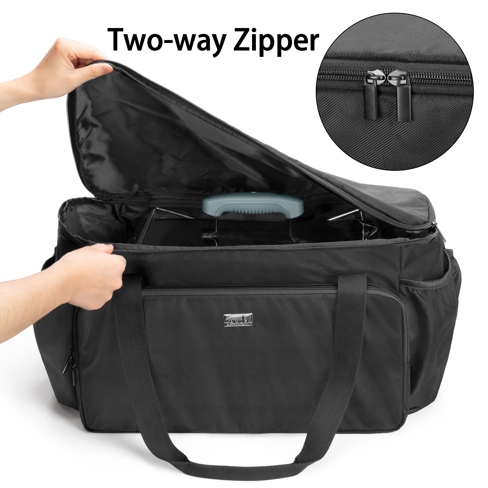 samdew side pockets holding a one‑pound propane cylinder for convenience