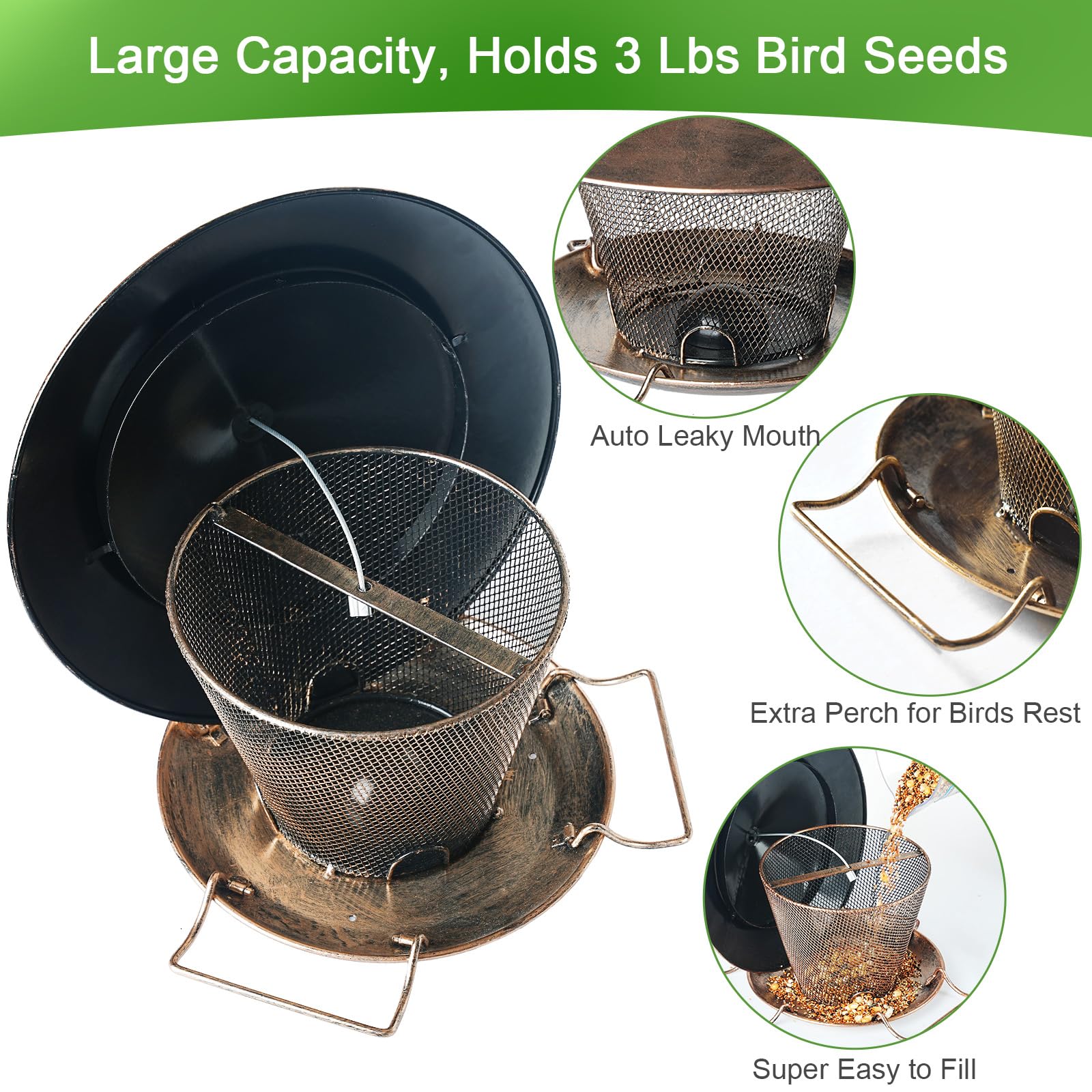 Samhe close-up of 9.8 inch roof sheltering seed ports and birds