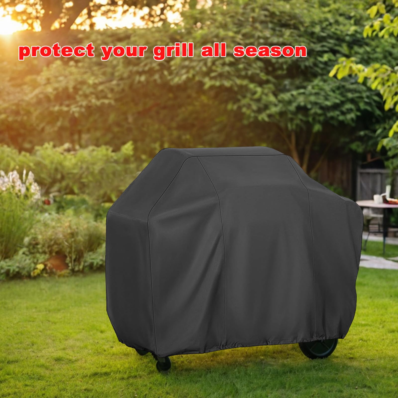 Samhe cover on patio grill illustrating weatherproof outdoor use