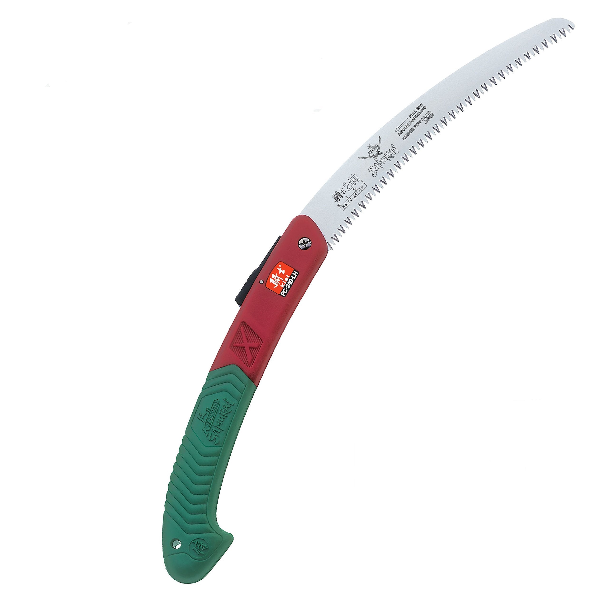 Samurai FC-240-LH front view showing curved blade and handle, improved overhead cutting