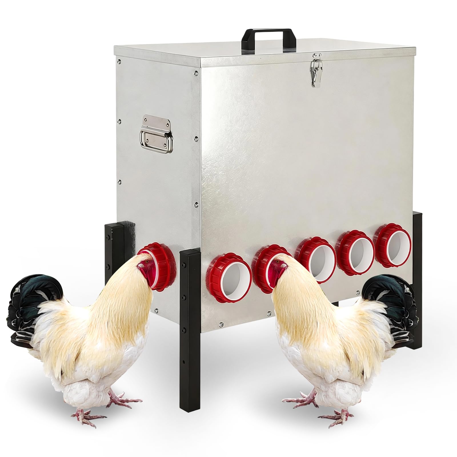 Sancunhui feeder front view showing covered bulk capacity and durable build