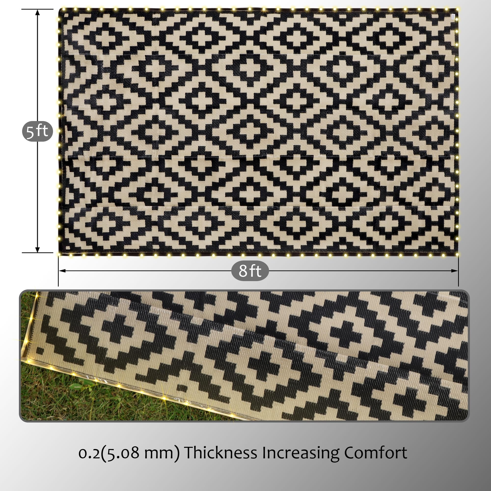 SAND MINE outdoor rug on backyard deck lit at dusk creating cozy evening atmosphere