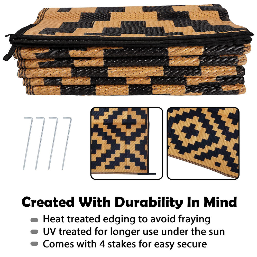 SAND MINE mat under patio furniture, creates defined outdoor seating area and comfort