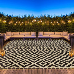 SAND MINE front view of reversible black and beige outdoor rug adds style
