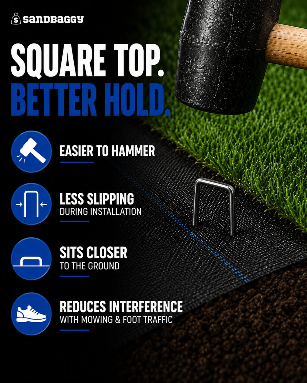 Sandbaggy staple anchoring landscape fabric showing reduced fabric movement
