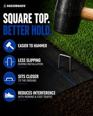 Sandbaggy staple anchoring landscape fabric showing reduced fabric movement
