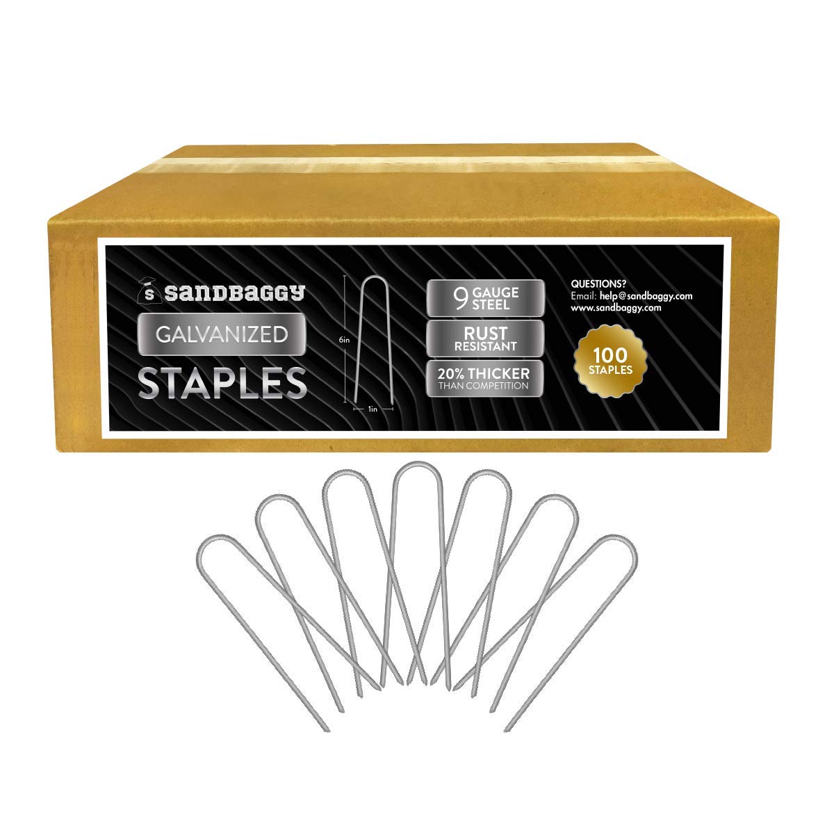 Sandbaggy front pack showing 100-count staples and durable packaging benefit