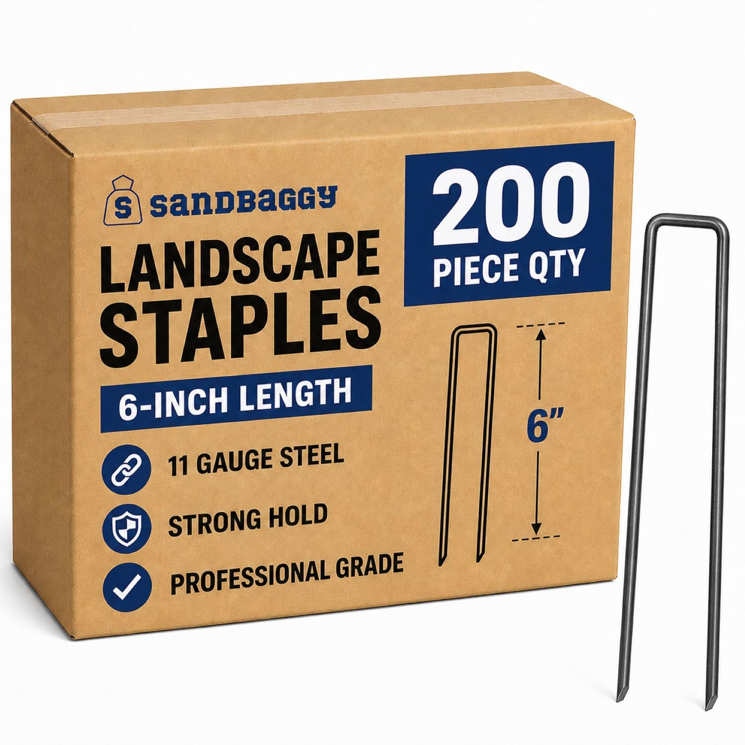 Sandbaggy front packaging showing 200 staples and easy storage benefit