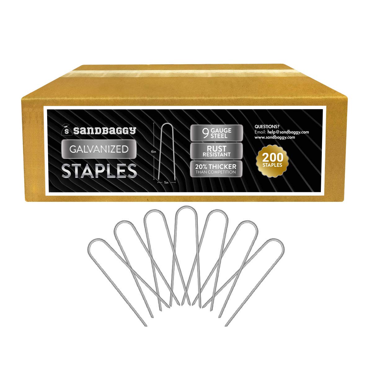 Sandbaggy front pack of 200 galvanized staples showing count and use benefit