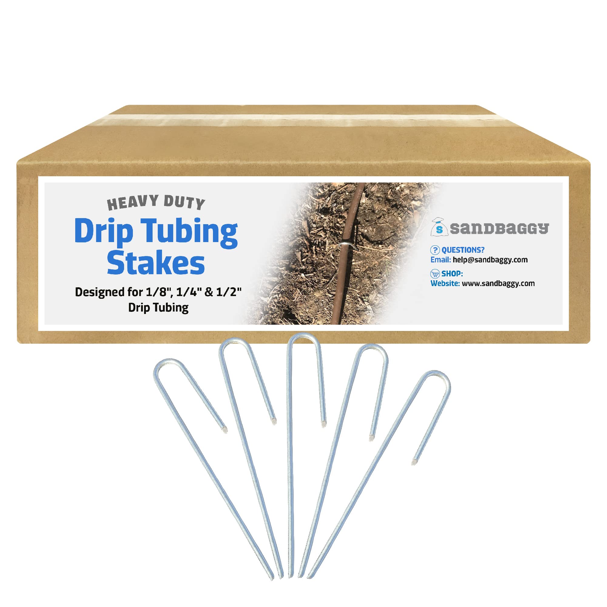 Sandbaggy front pack of 200 stakes showing quantity and purpose, tidy irrigation benefit